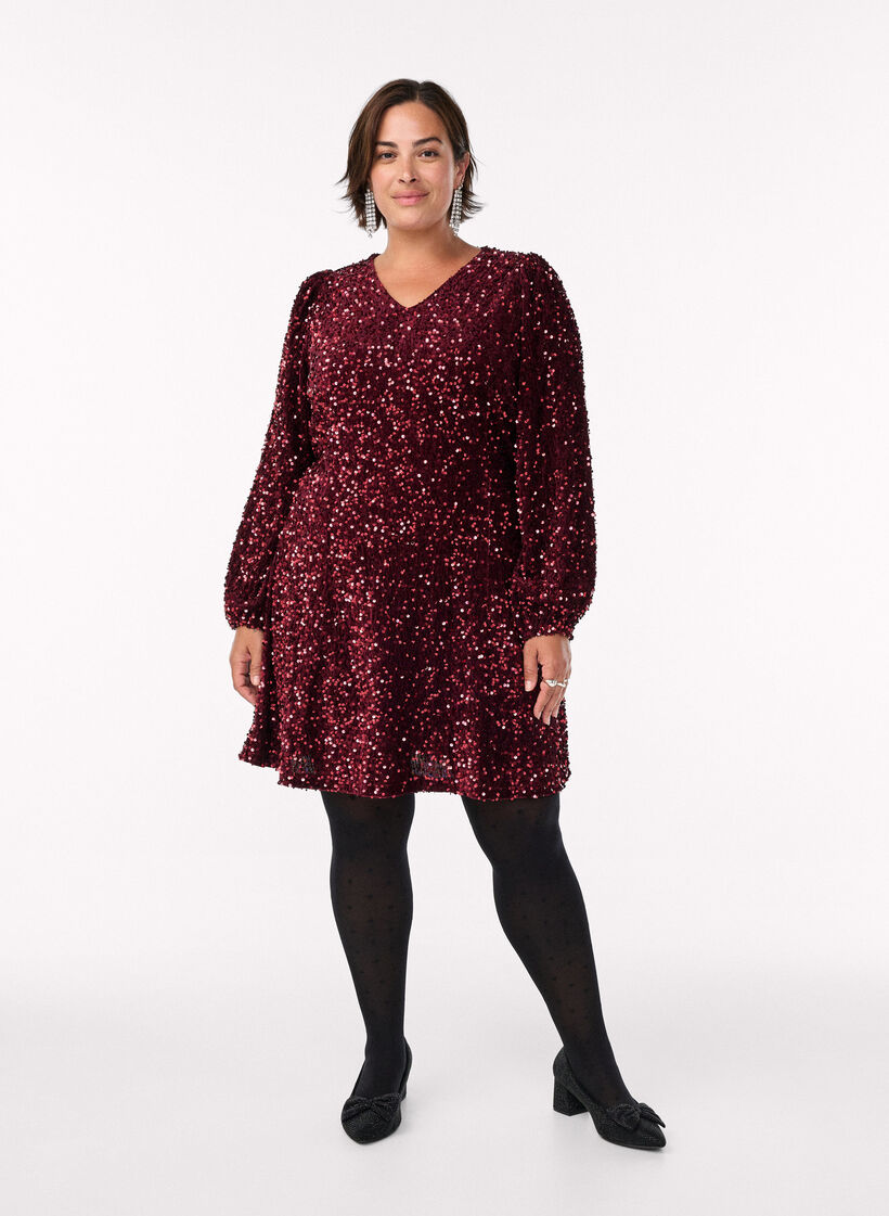 Robe courte évasée à sequins, Rouge, Model image number 1