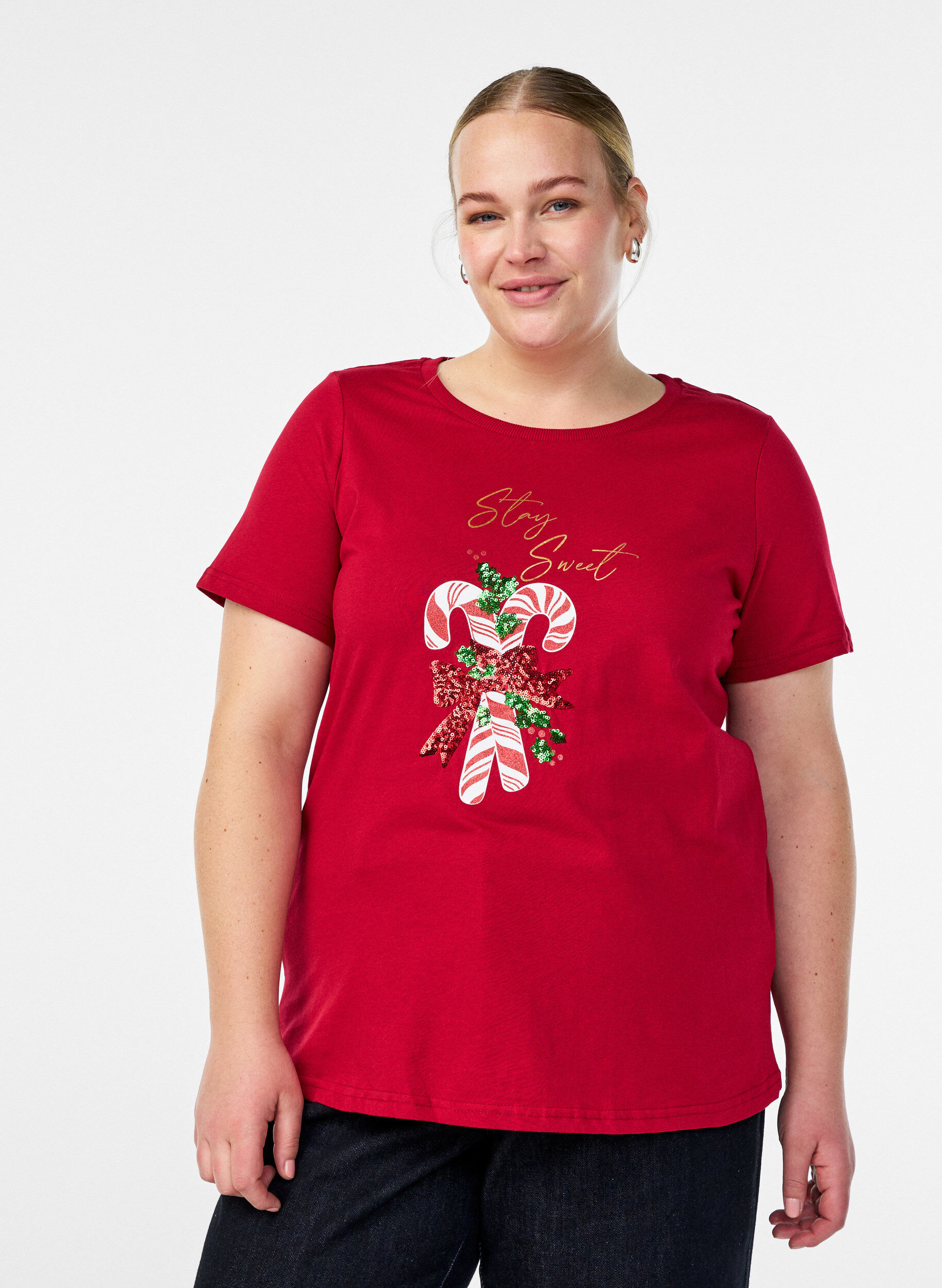 Zizzi T-shirt de No&euml;l en coton bio, Rouge, Model image number 0