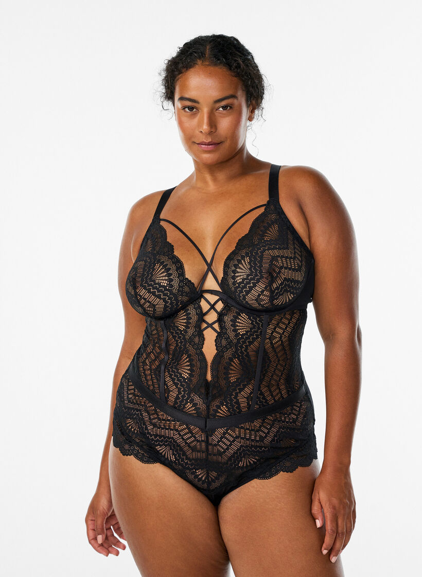 Spitzenbody mit Schn&uuml;rdetails, Schwarz, Model image number 0