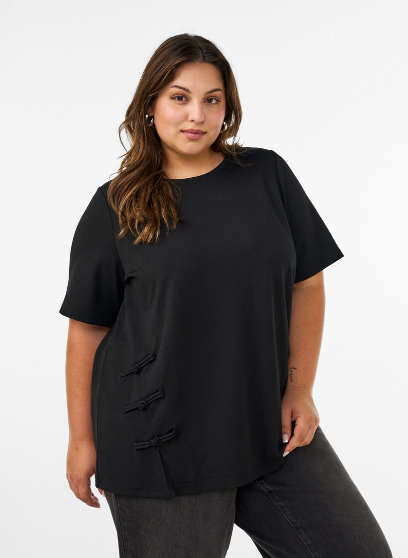 T-shirt avec fentes et fermetures par n&oelig;uds d&eacute;coratifs, Noir, Model image number 0