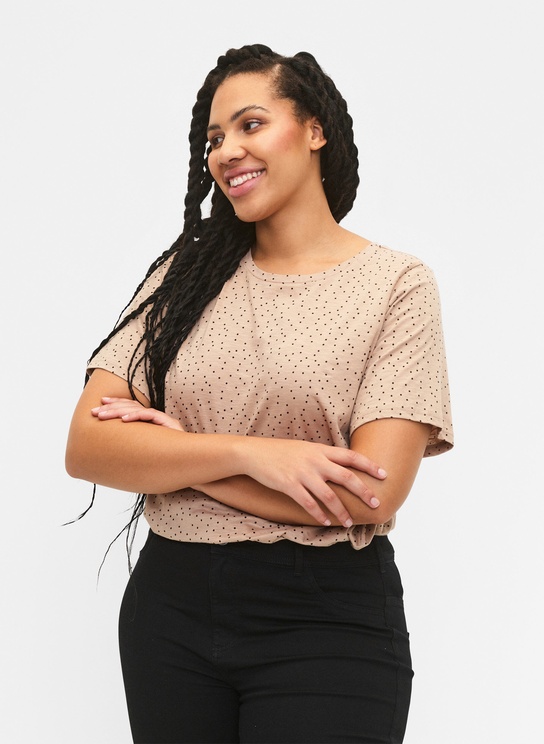 Zizzi T-Shirt aus Bio-Baumwolle mit Punkten, Beige, Model image number 0