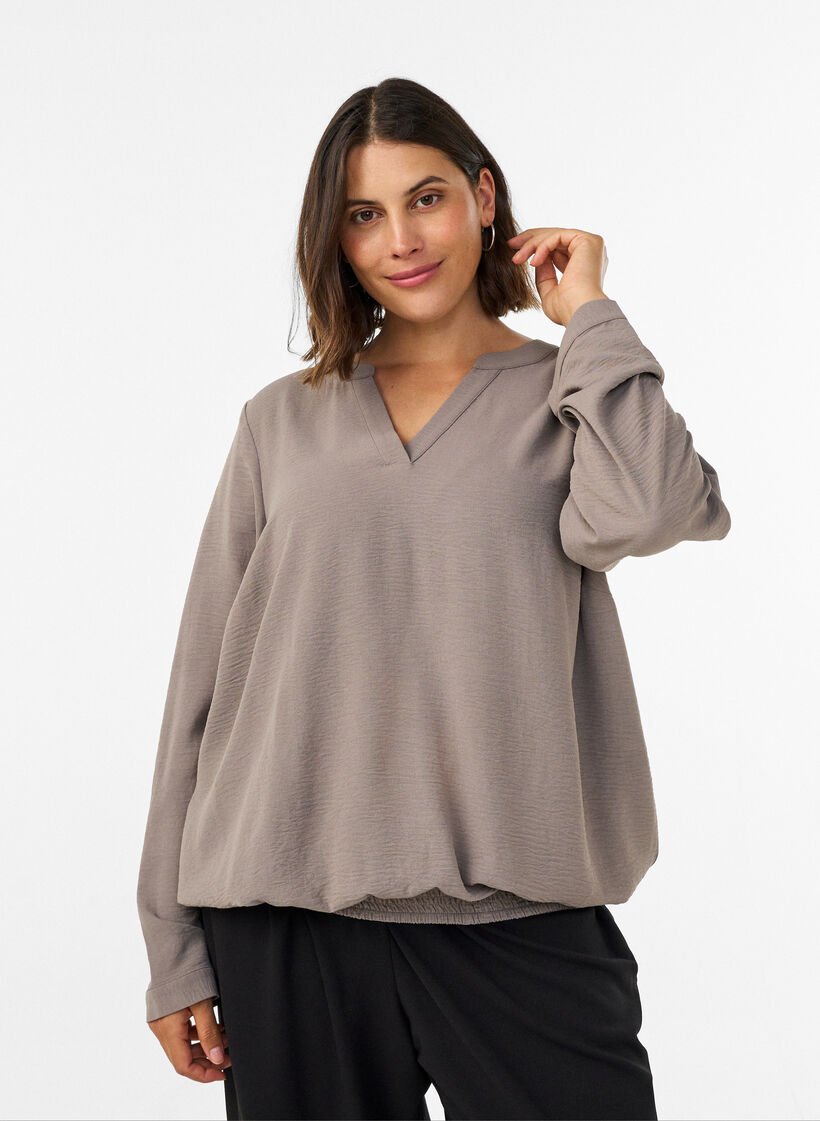 Bluse in Ballon-Silhouette mit V-Ausschnitt, Beige, Model image number 0