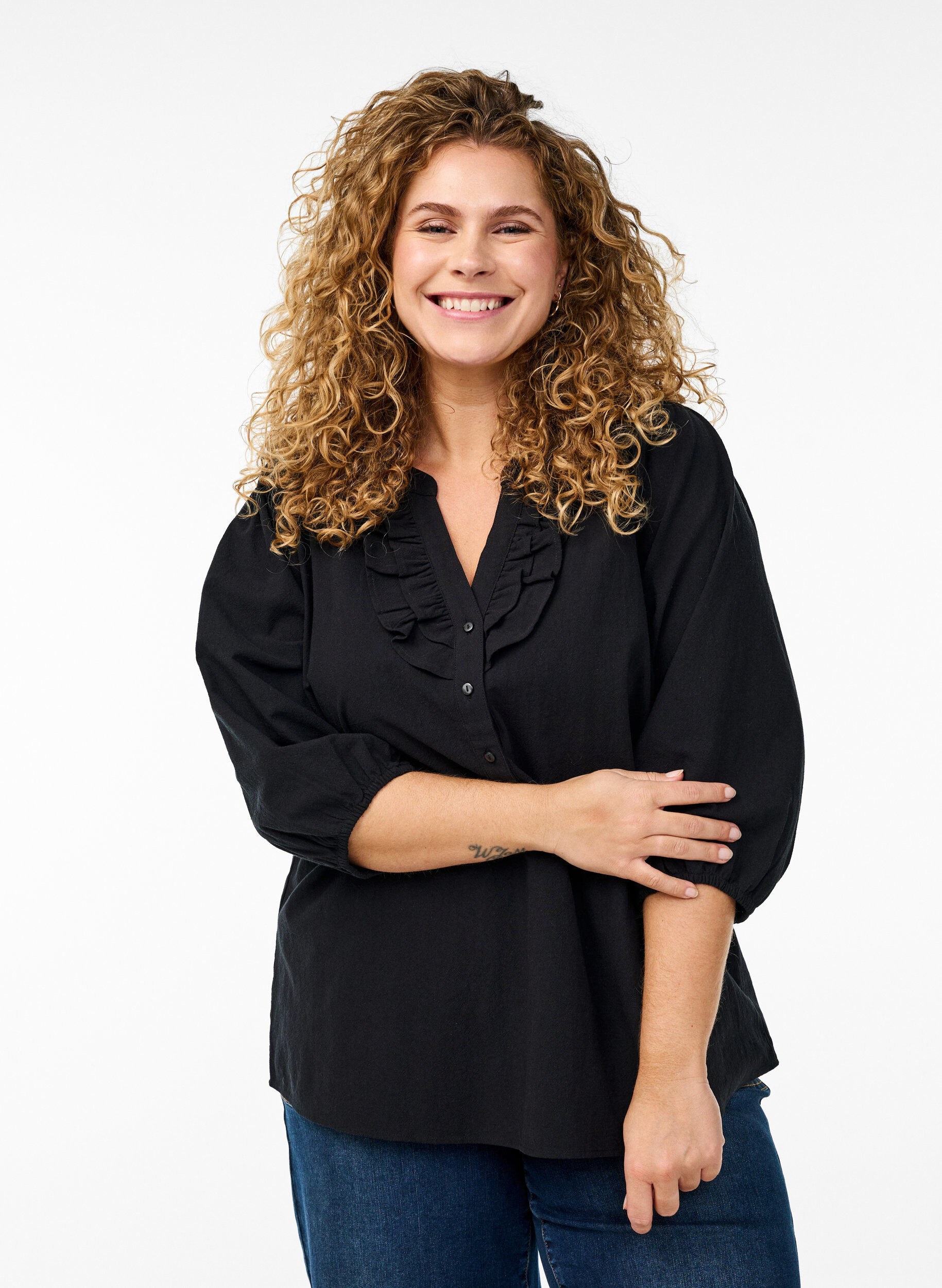 Zizzi Chemisier manches 3/4 en coton &agrave; rayures, Noir, Model image number 0