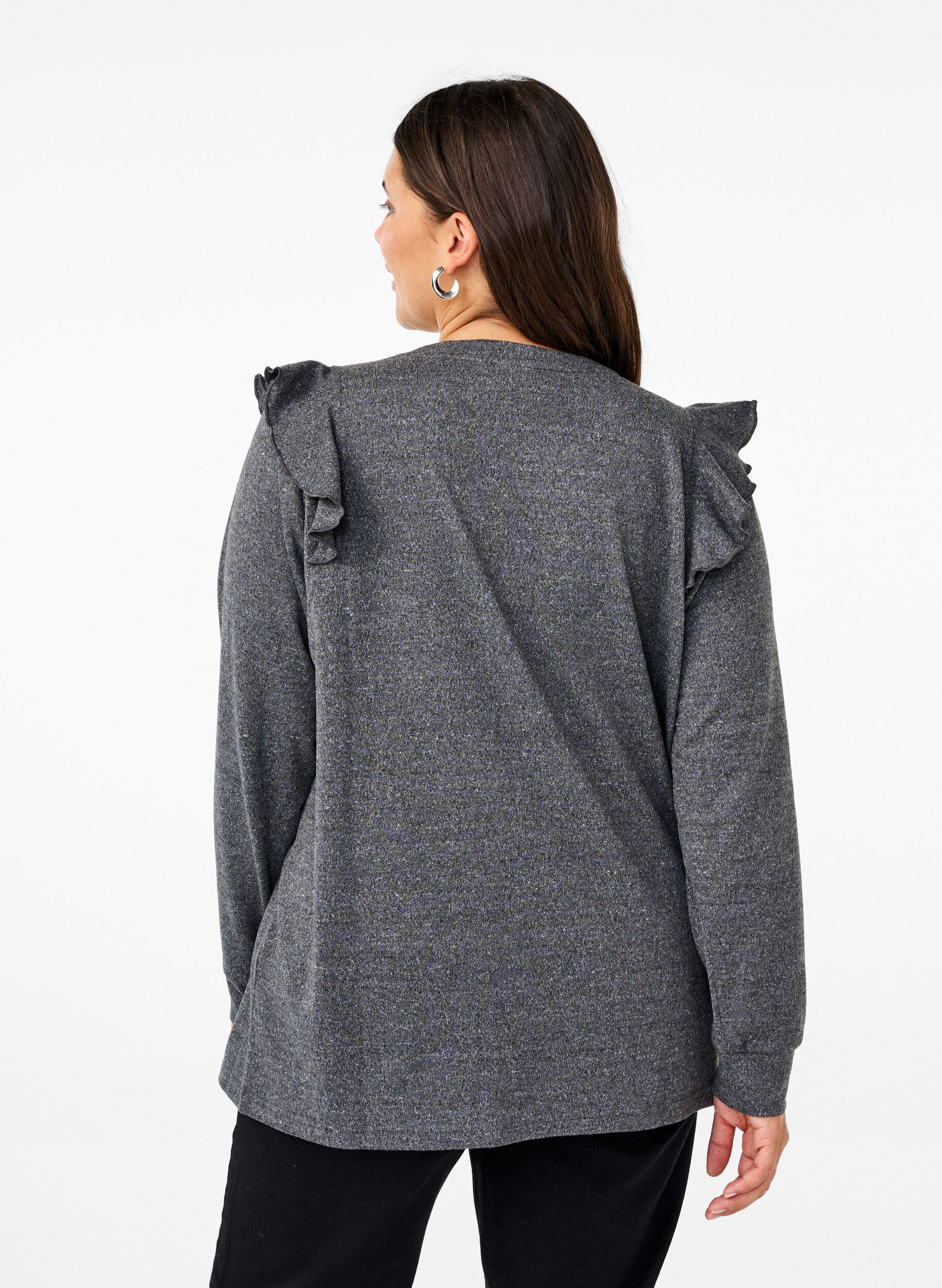 Zizzi  Lang&auml;rmelige Bluse mit R&uuml;schendetails, Dark Grey Melange, Model image number 1