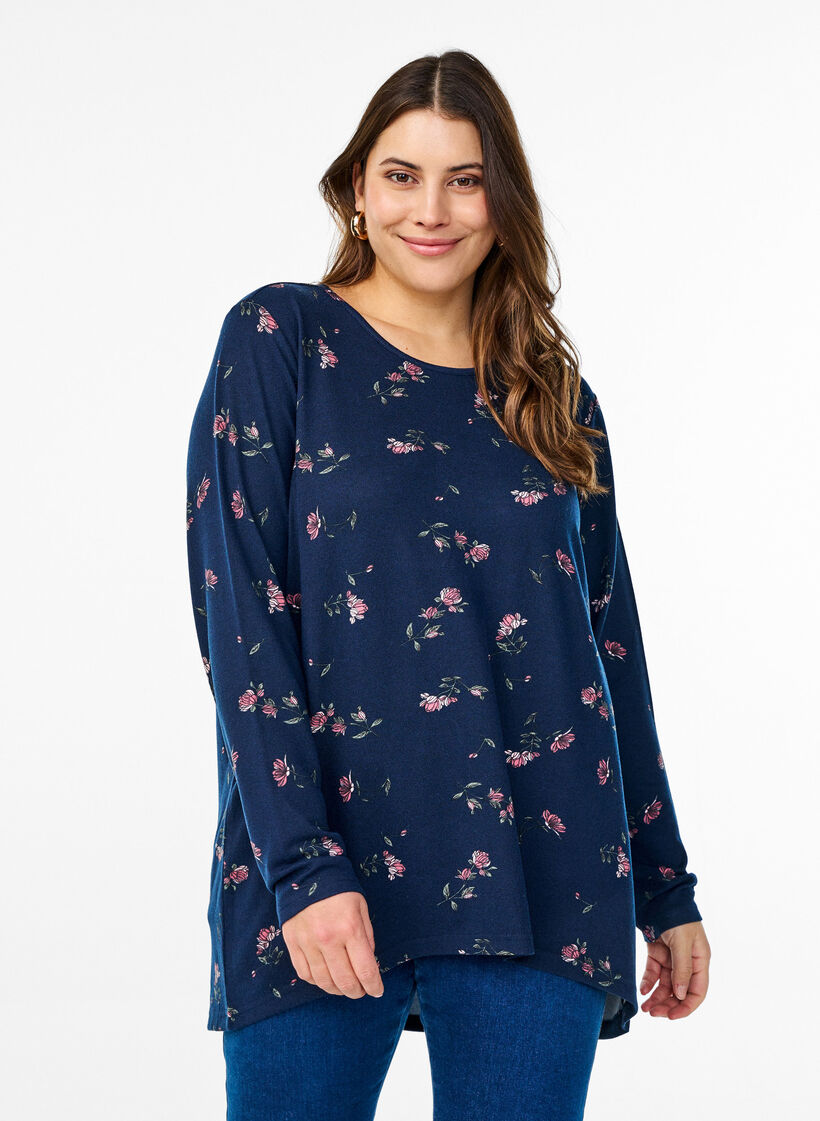  Bluse mit Blumenmuster und langen Ärmeln, Blau, Model image number 0