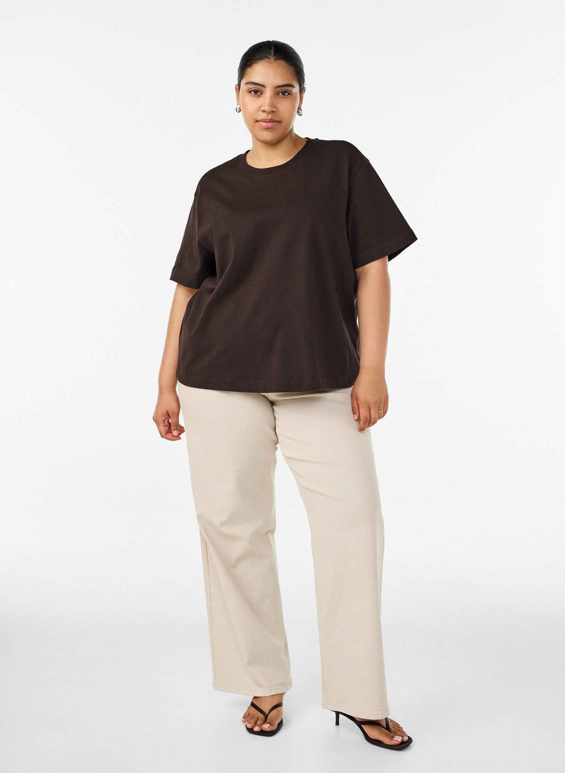 ZizziT-shirt coupe boxy en coton, Marron, Model image number 1