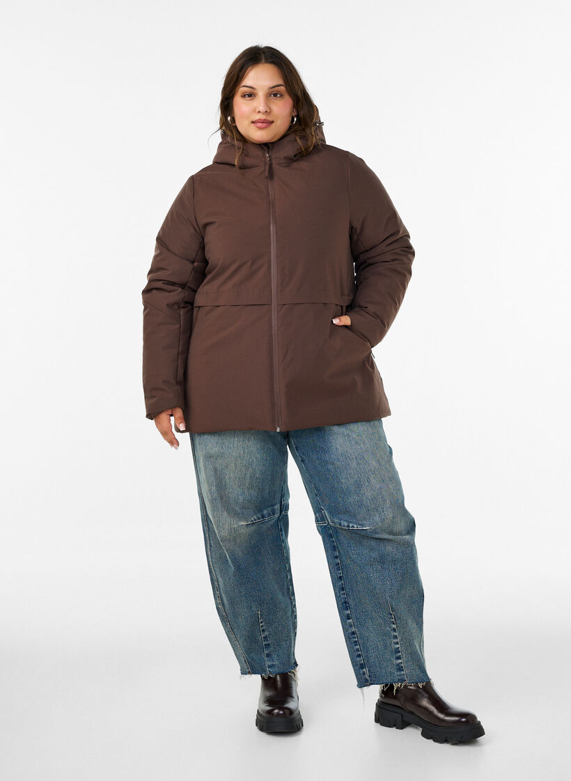 Veste d'hiver avec capuche et taille ajustable, Marron, Model image number 1