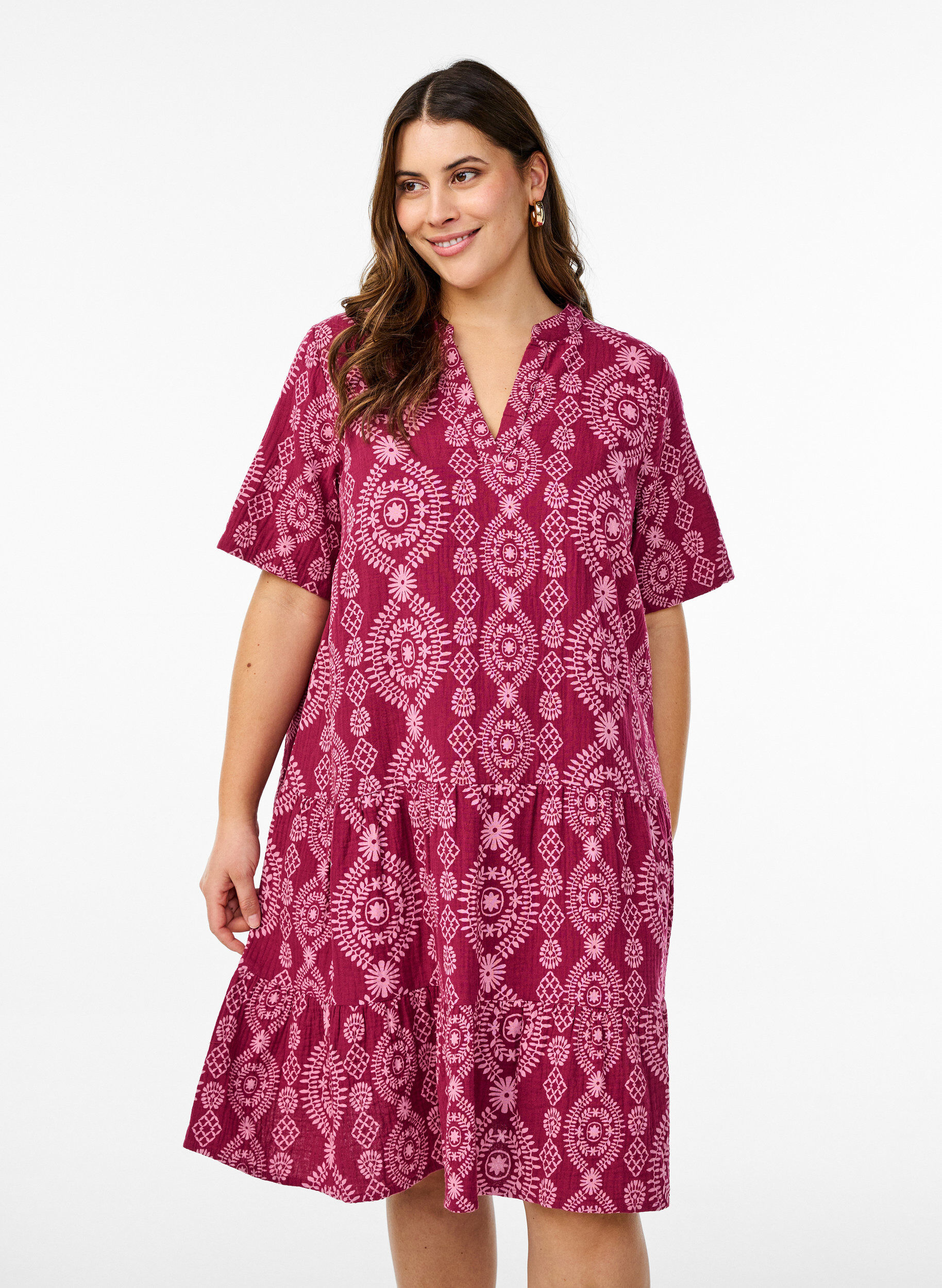 Zizzi Robe courte en mousseline de coton avec motif, 9992, Model image number 0