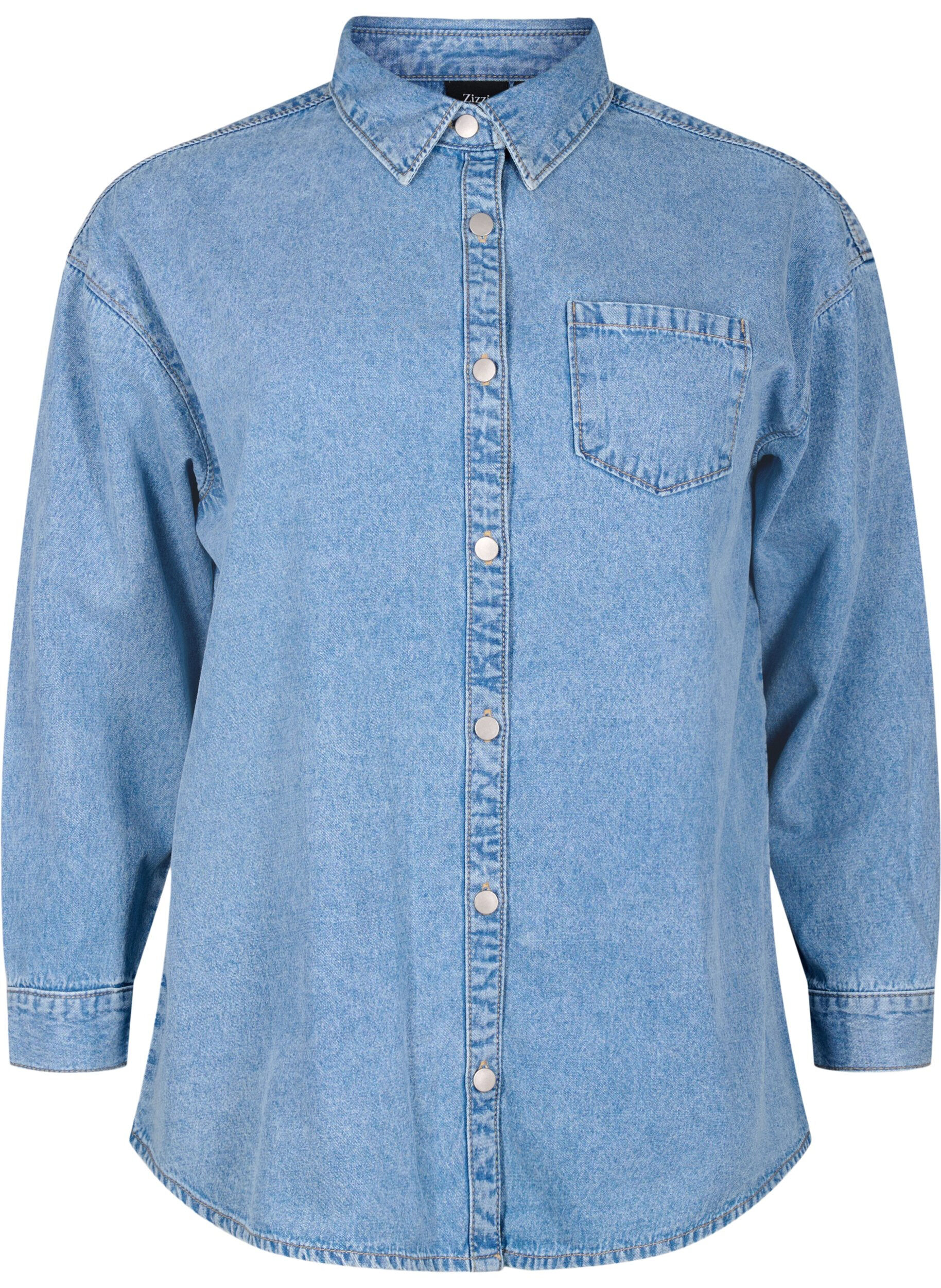 Zizzi Chemise en jean ample avec poche de poitrine, Light blue denim, Packshot image number 0