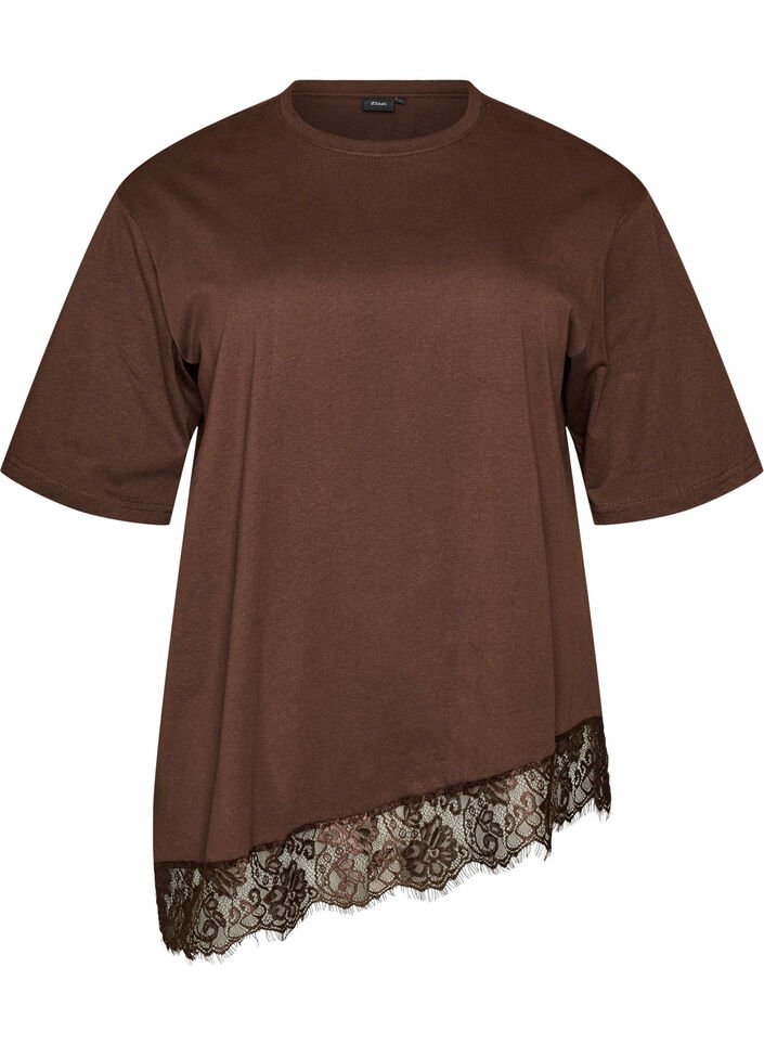 T-shirt avec ourlet asym&eacute;trique en dentelle, Marron, Packshot image number 0