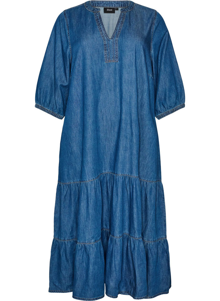 Robe longue en jean avec volants &eacute;tag&eacute;s, Bleu, Packshot image number 0