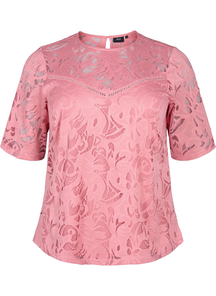 Bluse mit Spitze und kurzen Ärmeln, Dusty Rose, Packshot image number 0