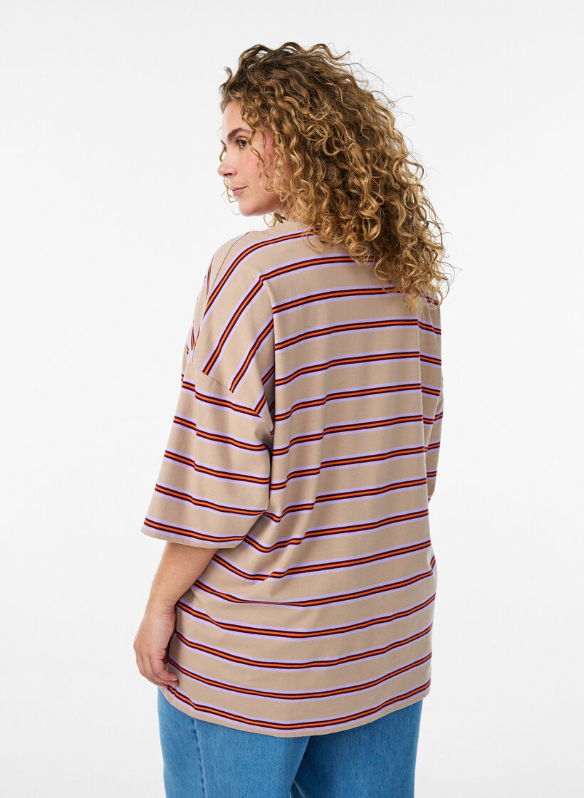 T-shirt oversize &agrave; rayures et manches 1/2, Beige, Model image number 2