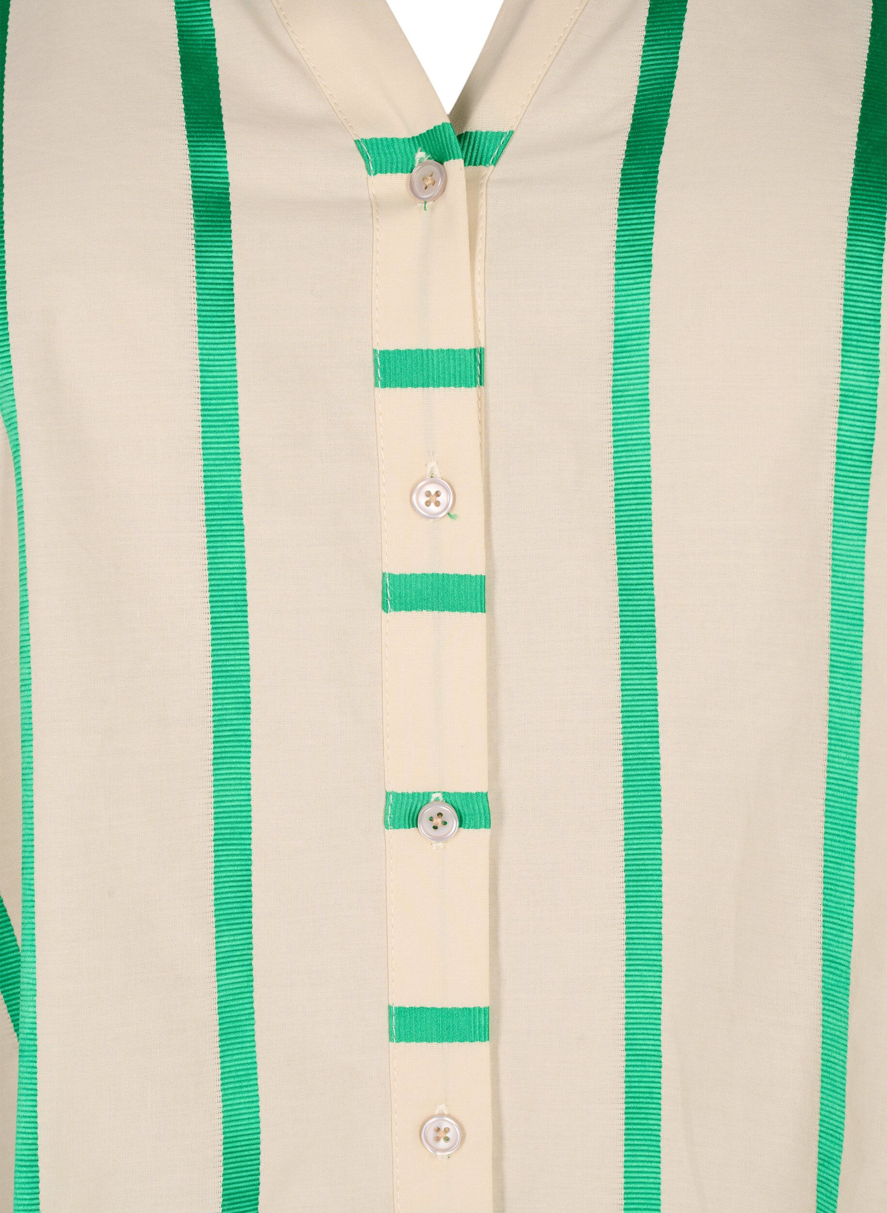 Zizzi Chemisier en coton ray&eacute; avec col &agrave; volants, Beige Green Stripe, Packshot image number 2