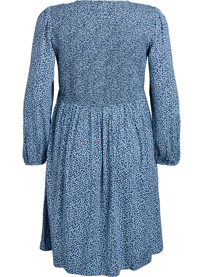 Kleid mit gesmoktem Oberteil und kleingebl&uuml;mtem Muster, Blau, Packshot image number 1