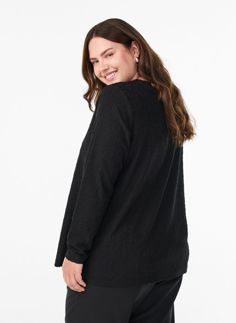 Langärmelige Bluse mit geblümter Struktur, Schwarz, Model image number 2