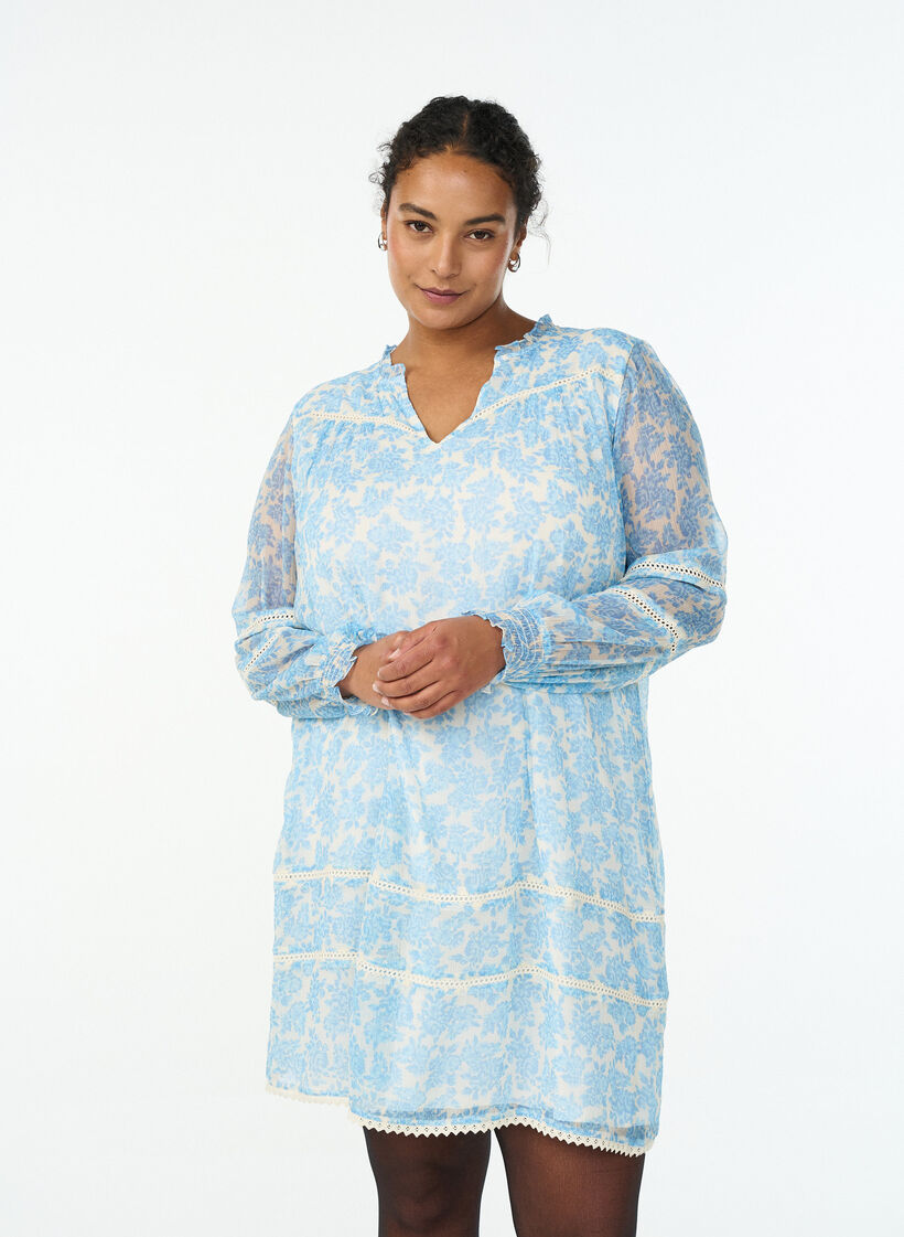 Robe courte en mousseline avec détails en crochet, Bleu Clair, Model image number 0