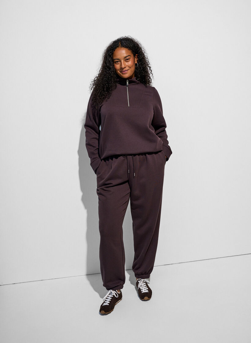 Pantalon de jogging taille haute avec cordon de serrage, Marron, Model image number 1