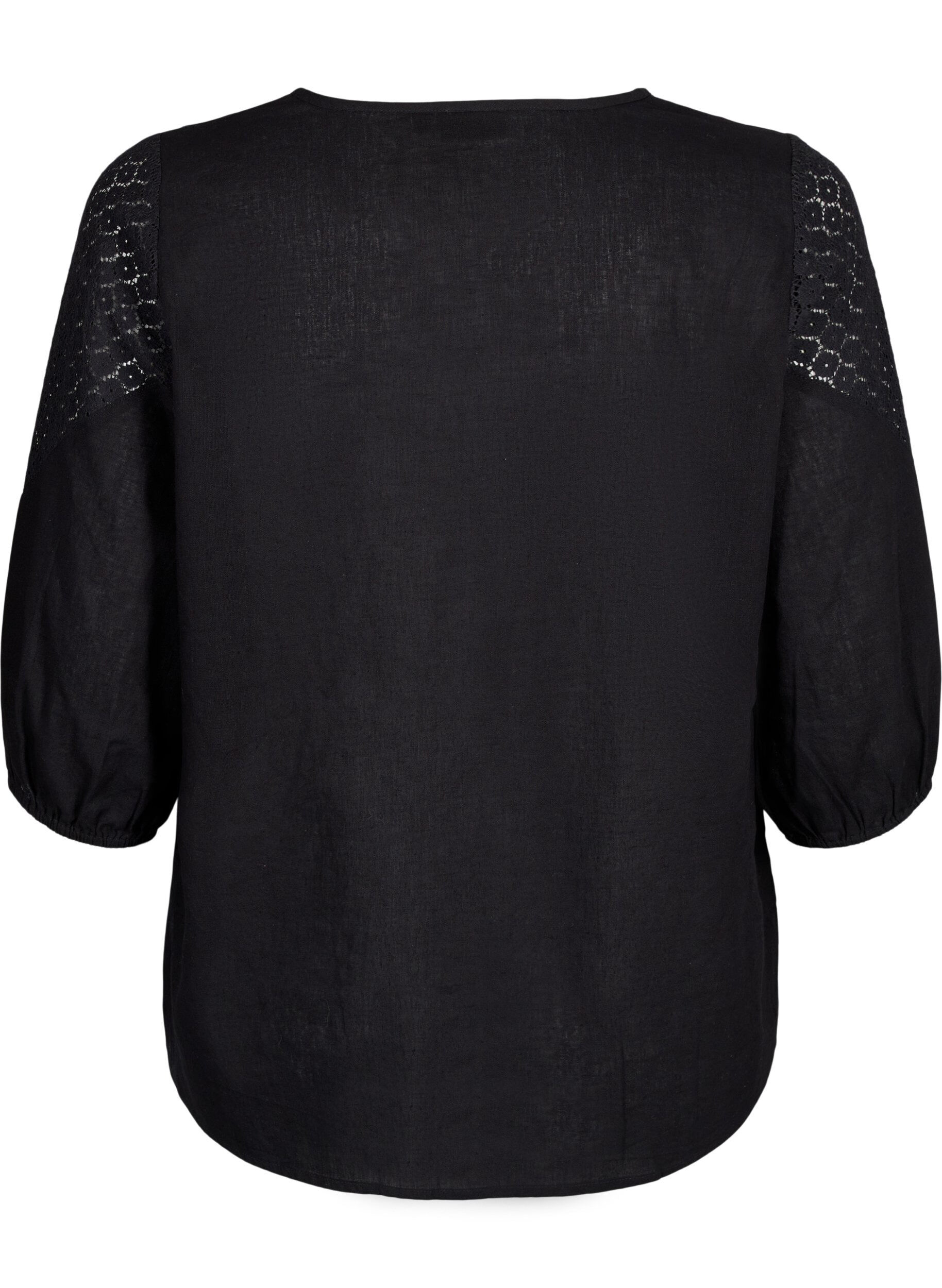 Zizzi Bluse aus Baumwollmischung mit Leinen und H&auml;keldetails, Black, Packshot image number 1