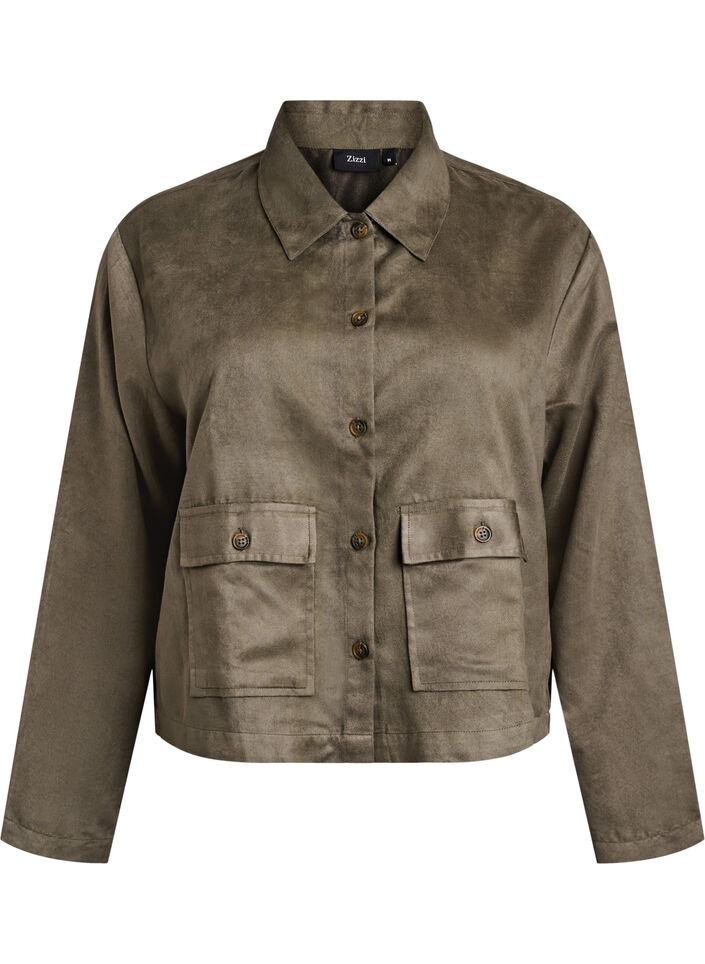 Kurze Jacke aus Wildlederimitat mit Taschen, Grün, Packshot image number 0