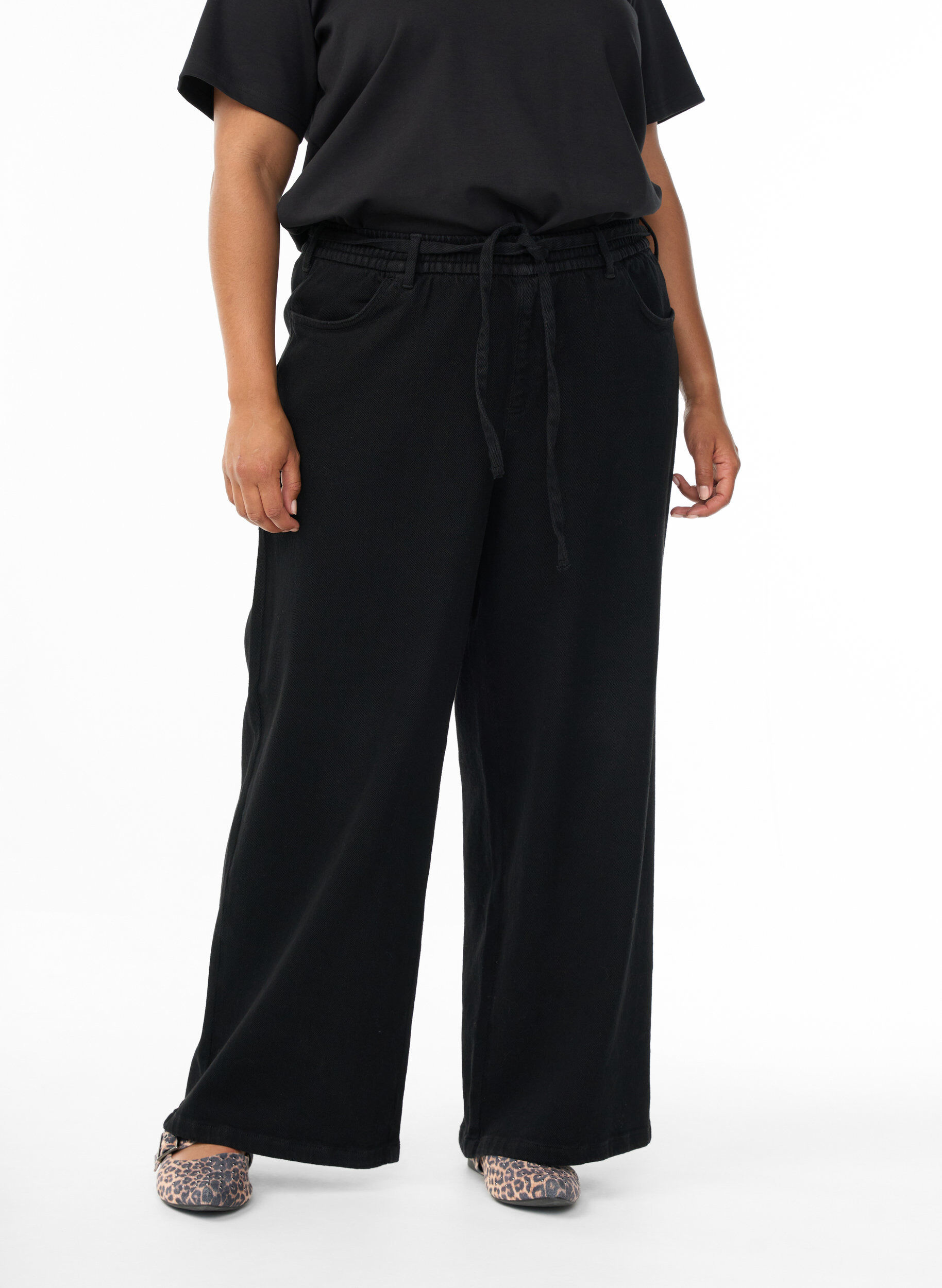 ZizziJean ample &agrave; ceinture &eacute;lastique et cordon de serrage, Noir, Model image number 2