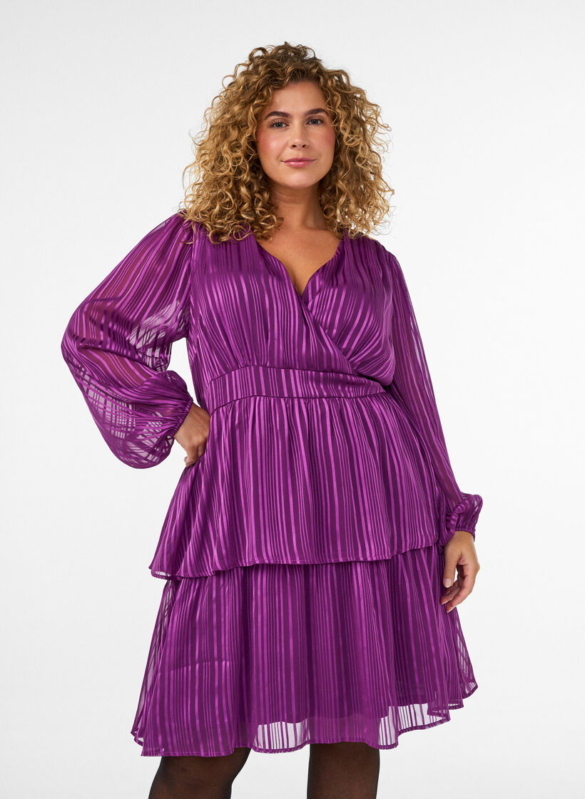 Robe longueur genou &agrave; rayures transparentes et effet portefeuille, Violet, Model image number 0