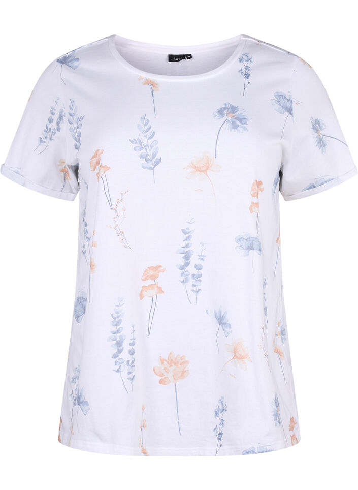 T-Shirt aus Bio-Baumwolle mit Blumendruck, White W. Blue flower, Packshot image number 0