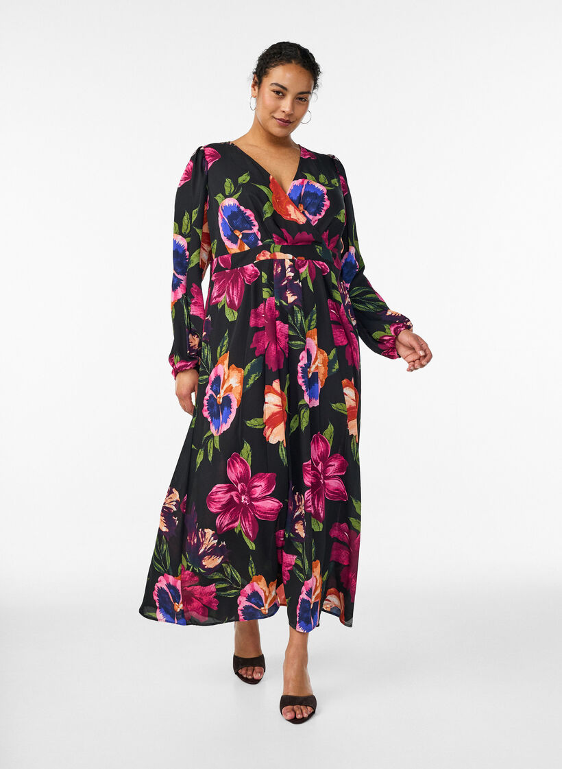 Robe maxi avec encolure cache-c&oelig;ur et manches longues, Noir, Model image number 0