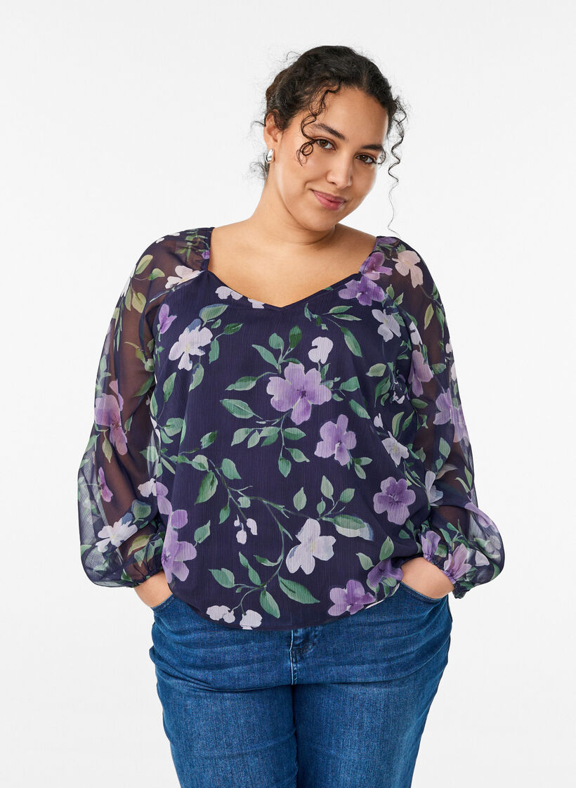 Bluse aus Chiffon mit gebl&uuml;mtem Print und langen &Auml;rmeln, Blau, Model image number 0