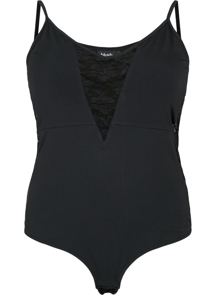 Bodystocking avec de la dentelle et des bretelles fines, Black, Packshot image number 0