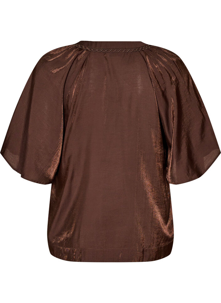 Blouse en viscose avec col en V et d&eacute;tails d&eacute;coratifs, Marron, Packshot image number 1