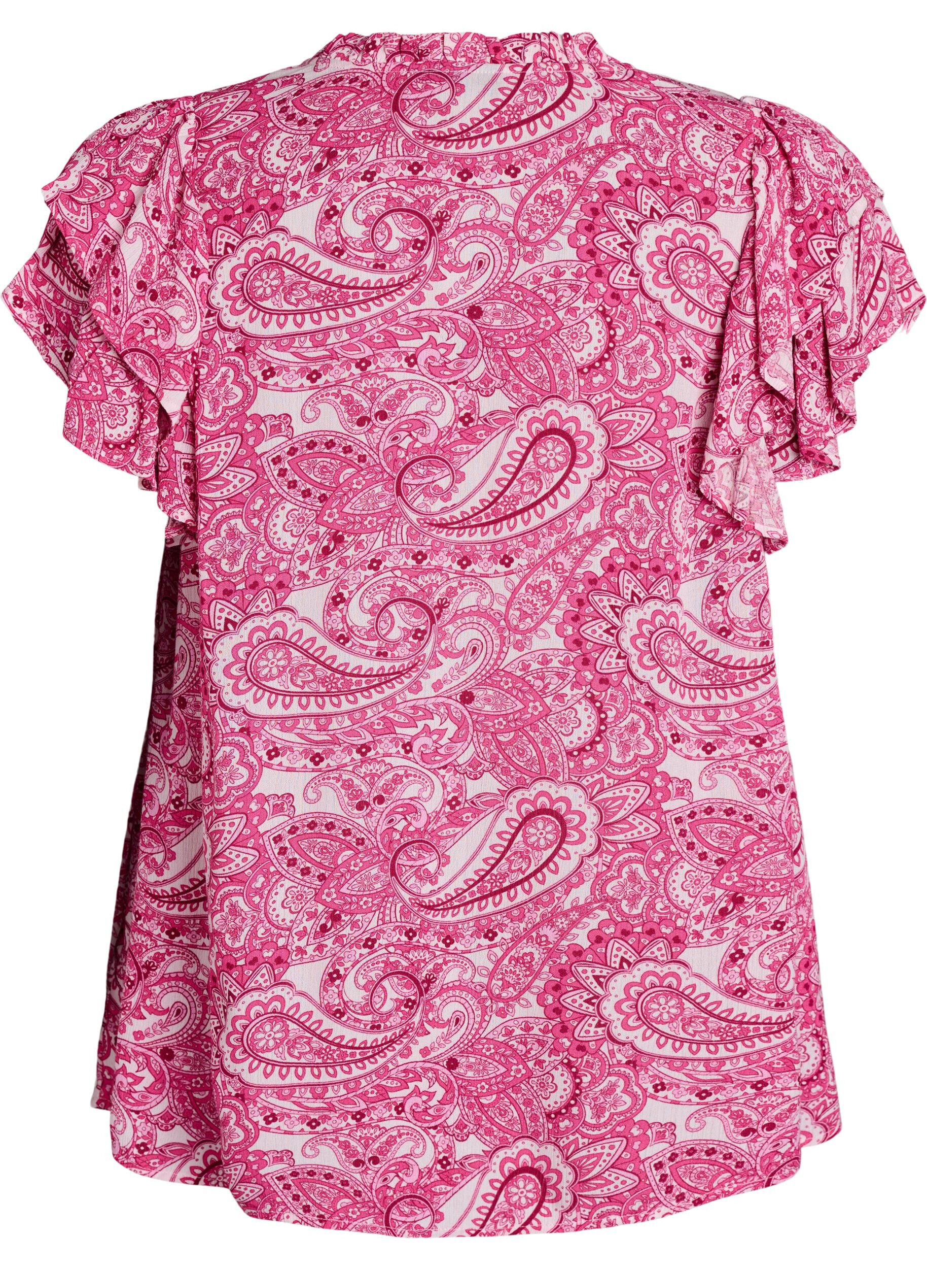 Zizzi Gemusterte Bluse aus Viskose mit R&uuml;schendetails, Pink, Packshot image number 1