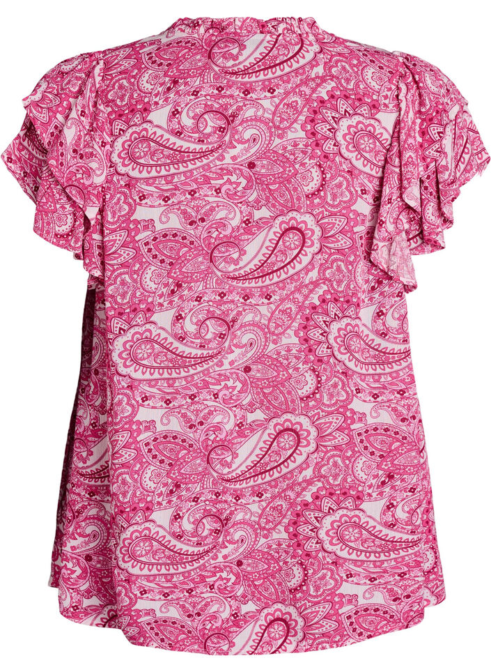 Gemusterte Bluse aus Viskose mit R&uuml;schendetails, Pink, Packshot image number 1