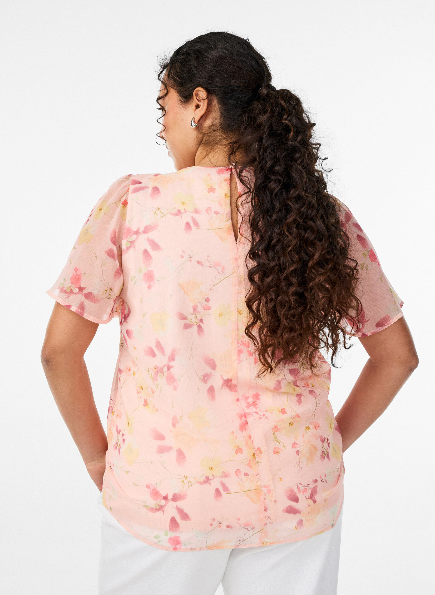 Zizzi Blouse &agrave; imprim&eacute; floral et manches vaporeuses, Orange clair, Model image number 2