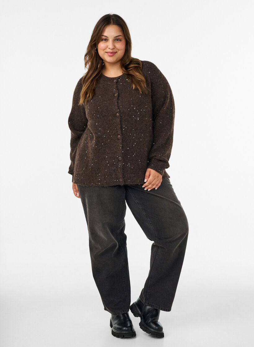 Cardigan mit Pailletten und Kn&ouml;pfen, Braun, Model image number 1