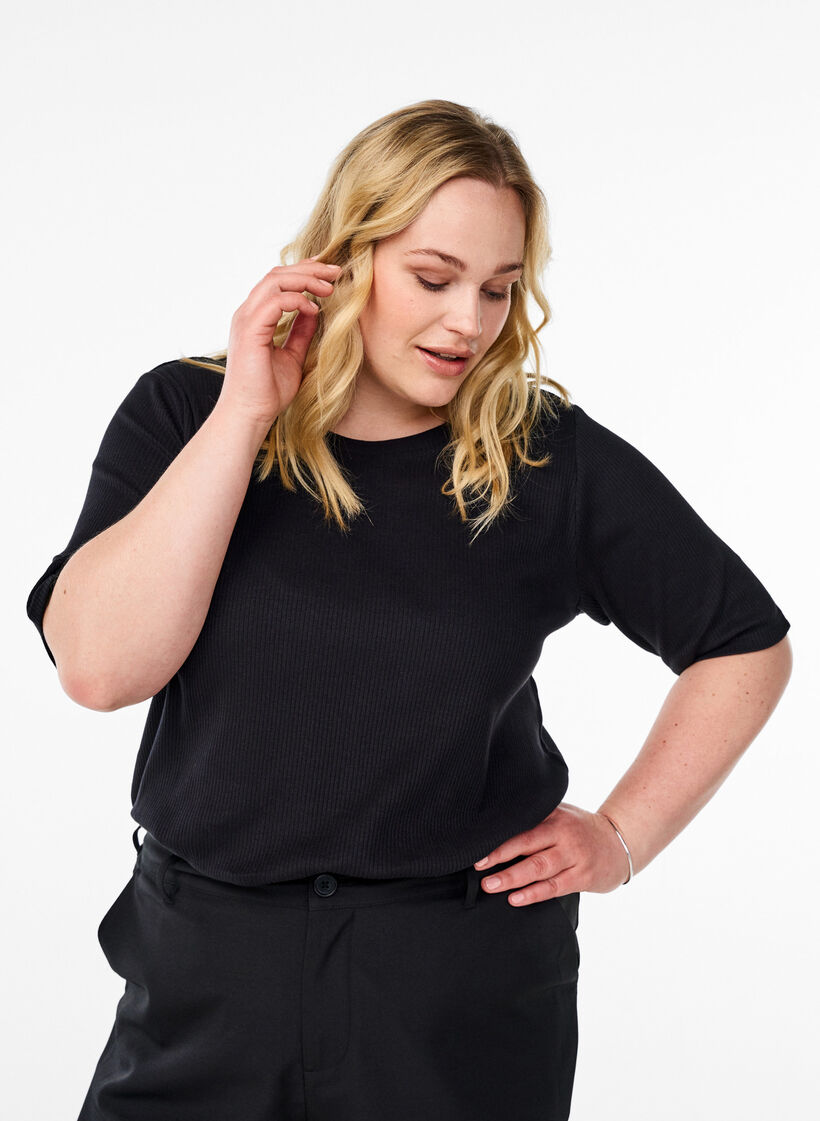 Bluse aus geripptem Jersey mit kurzen &Auml;rmeln, Schwarz, Model image number 0