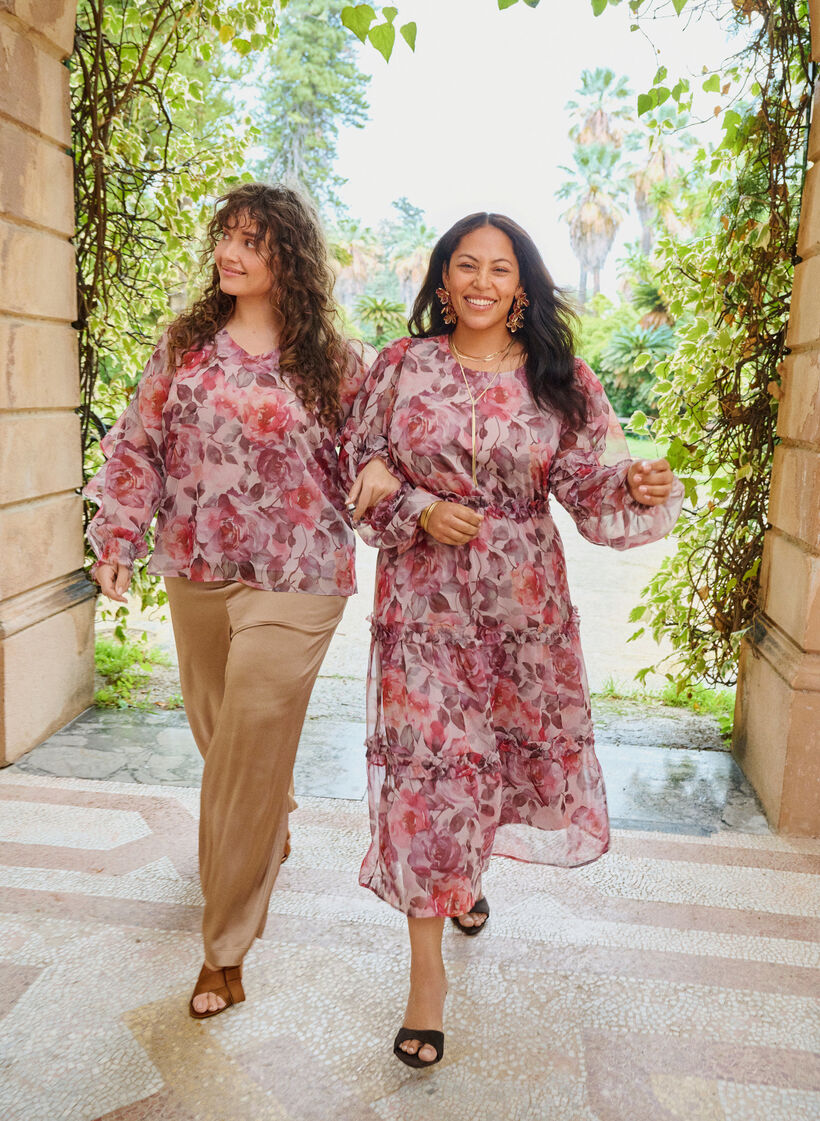 Robe midi &agrave; fleurs avec volants et manches transparentes, Rose, Image image number 0