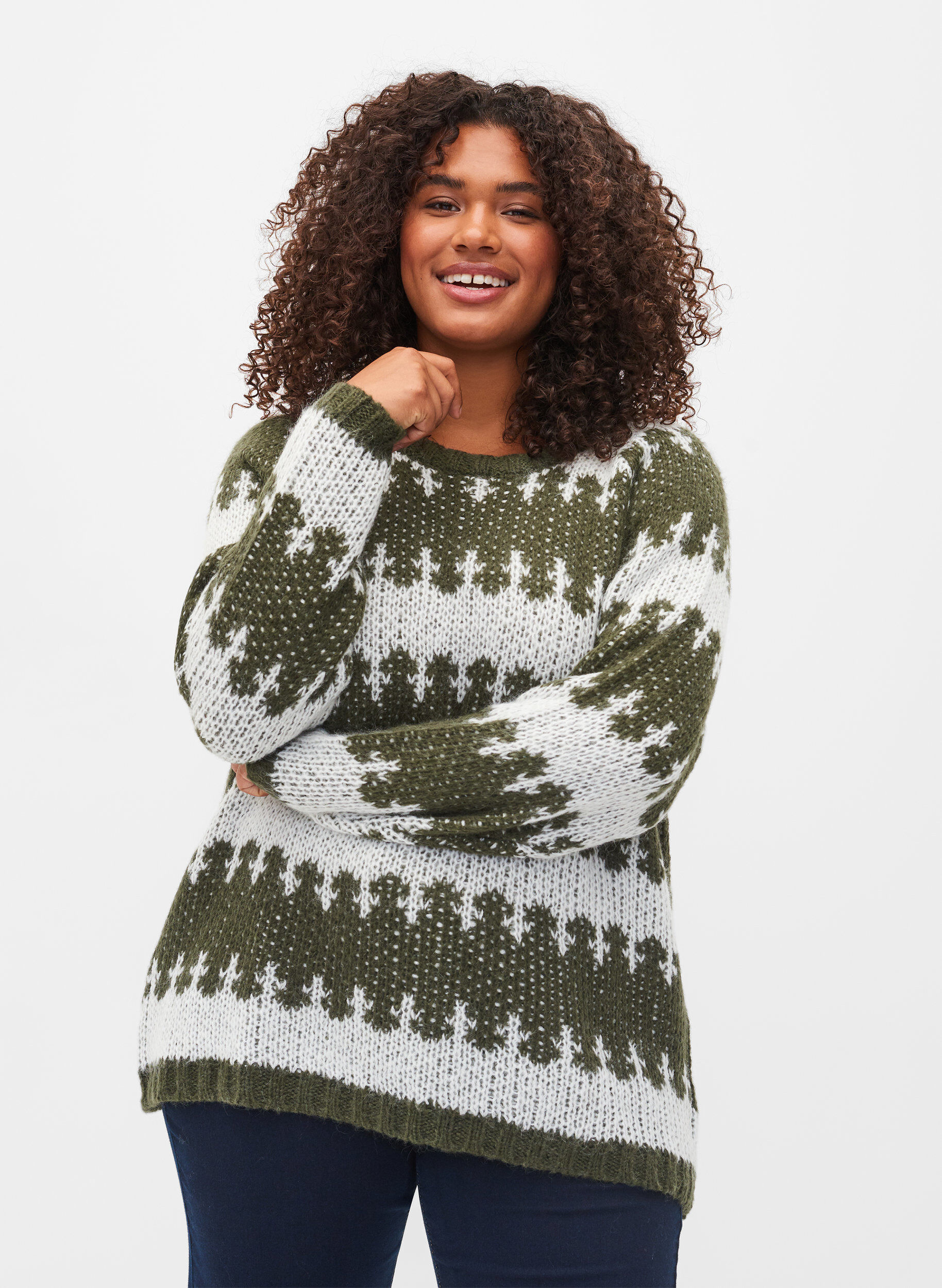 Zizzi Strickpullover mit Muster , Forest Night Comb, Model image number 0