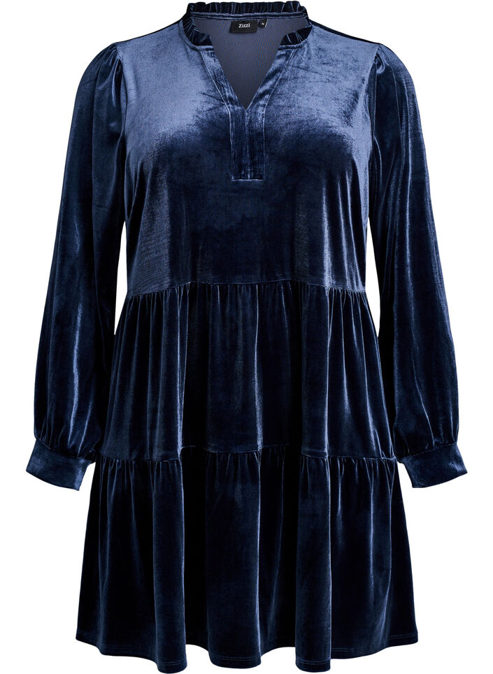 Robe courte en velours avec un col &agrave; volants et des manches longues, Bleu, Packshot image number 0