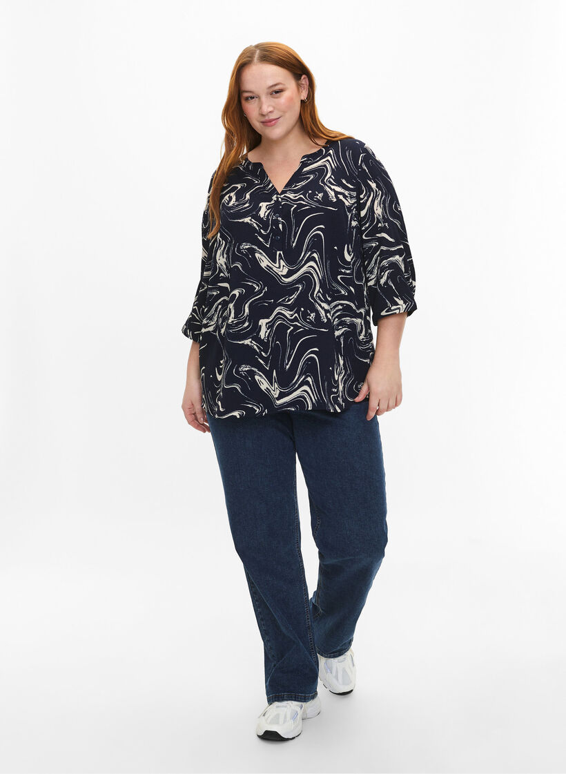 Bedruckte Bluse mit 3/4-Ärmeln, N. Blazer Swirl AOP, Model image number 2