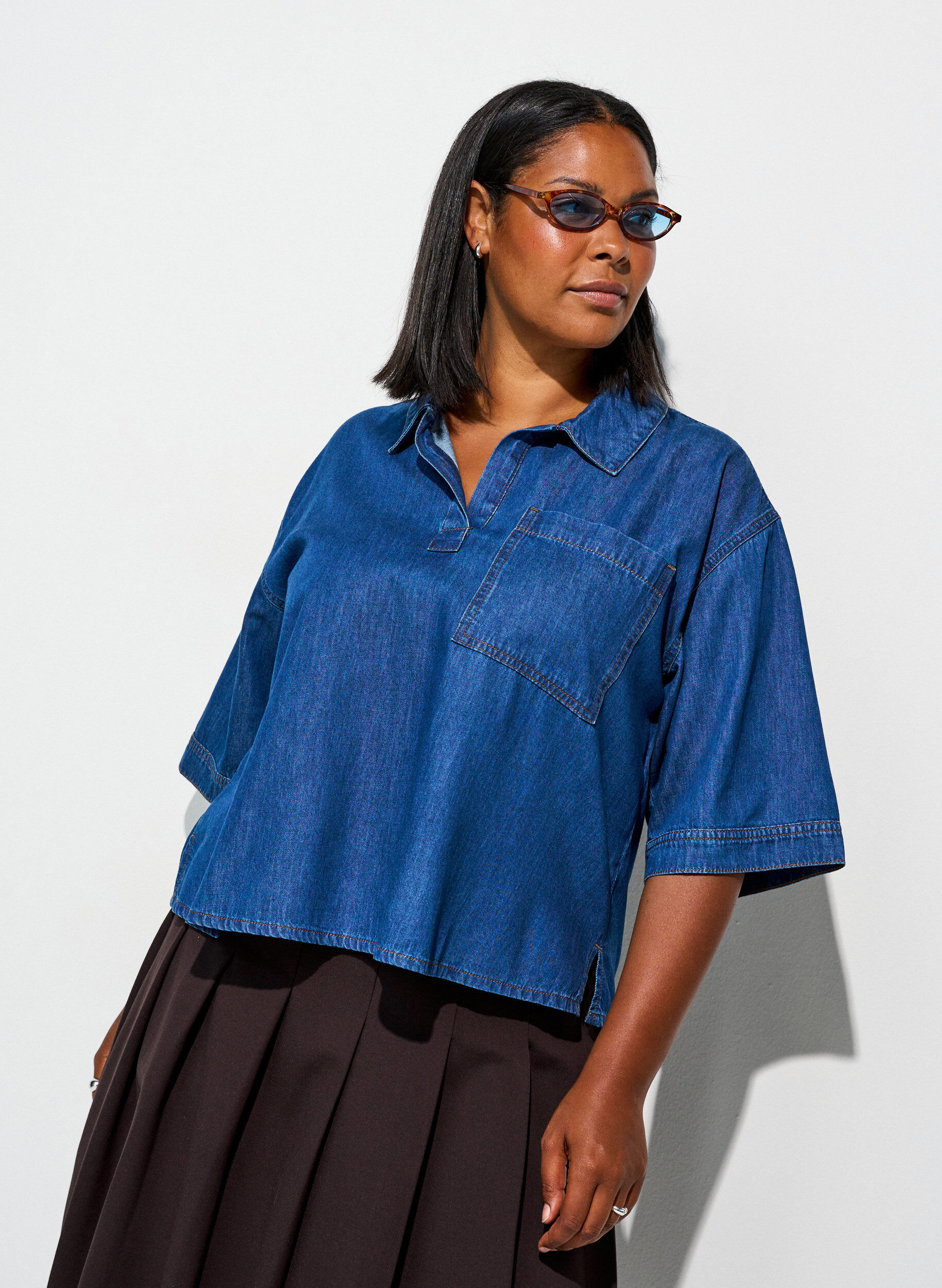 ZizziChemisier en jean avec poche poitrine et manches coude, Bleu, Model image number 0