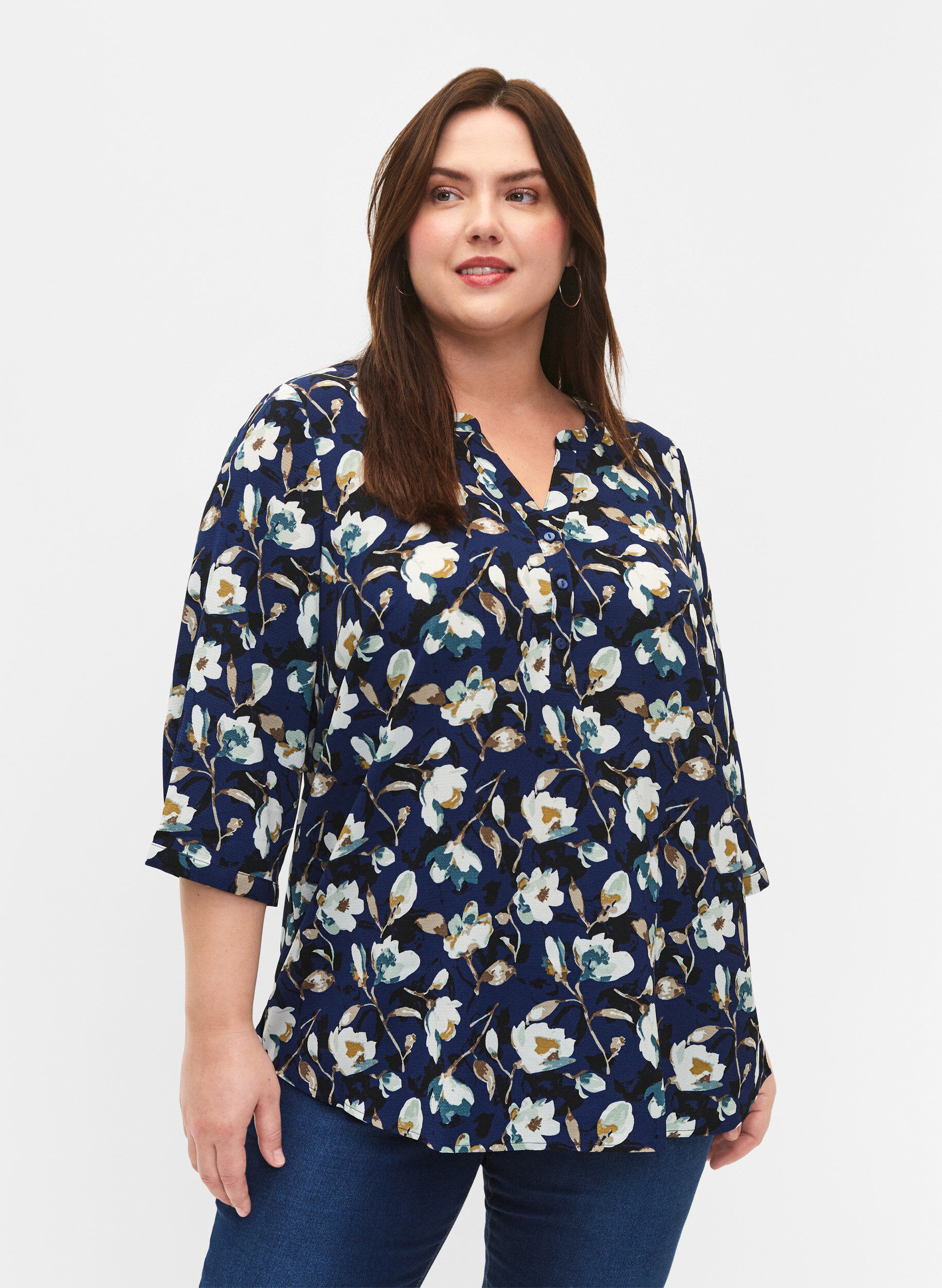 Zizzi Florale Bluse mit 3/4-&Auml;rmeln, P. Blue Flower AOP, Model image number 0