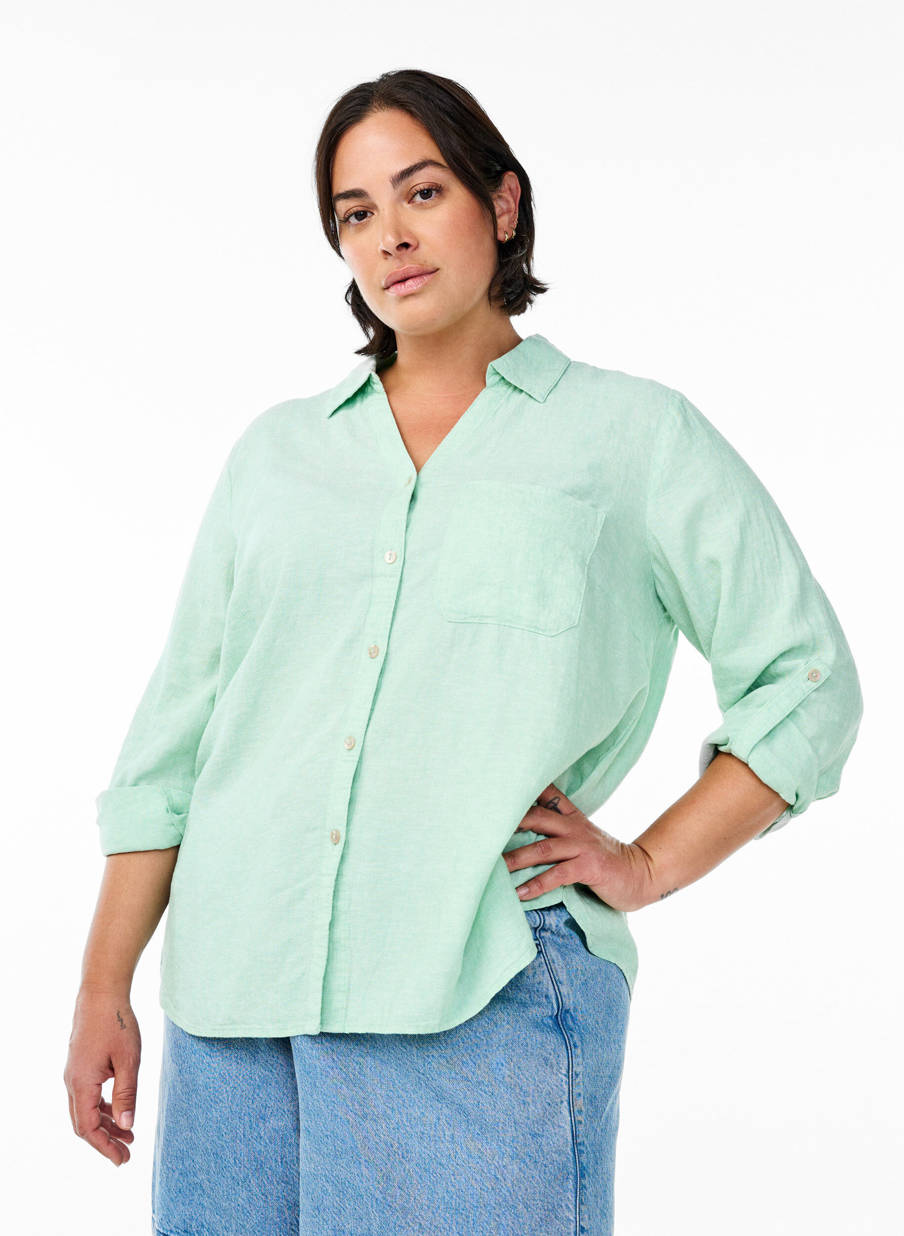 ZizziChemise en lin et viscose avec manches 3/4, Vert clair, Model image number 0
