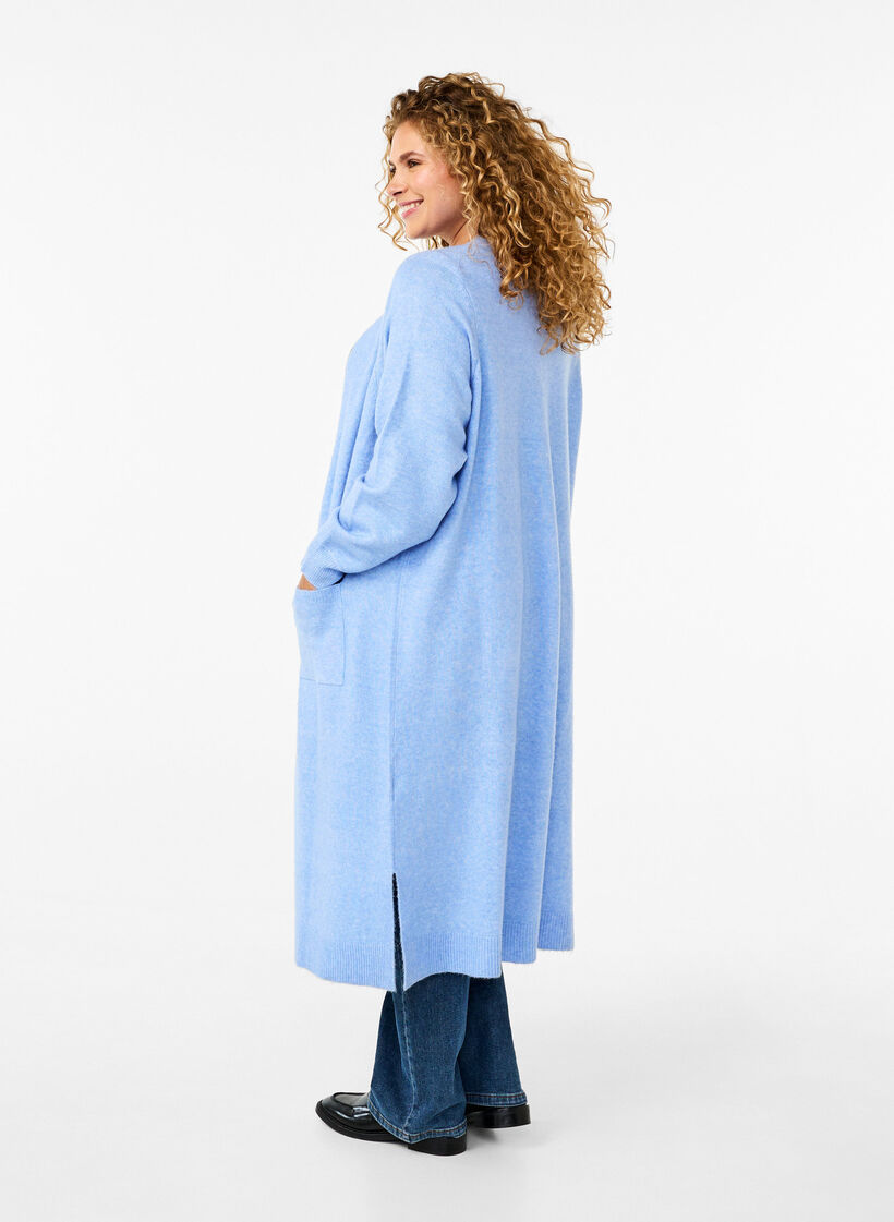 Long cardigan tricoté avec poches, Cornflower Blue Mel., Model image number 1
