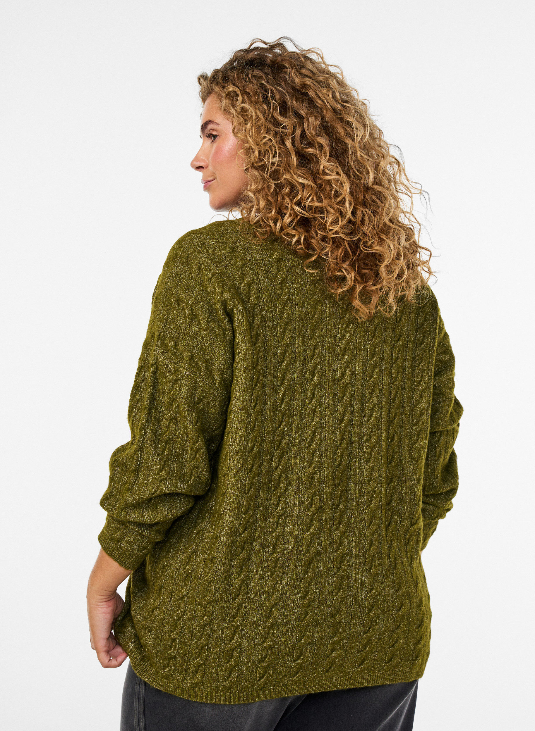 ZizziBlouse en maille torsad&eacute;e avec col en V, Vert, Model image number 2