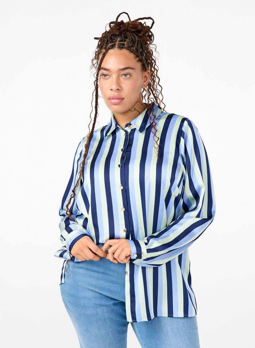 Chemises en satin rayé, Blue Stripe, Model image number 0