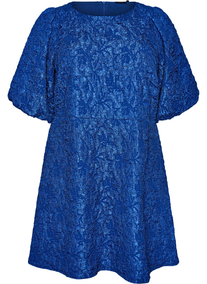 Robe en jacquard &agrave; coupe &eacute;vas&eacute;e avec manches bouffantes, Bleu, Packshot image number 0
