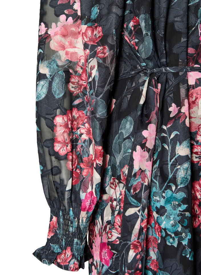Gebl&uuml;mtes Midikleid mit Webstruktur und Bindeg&uuml;rtel, Schwarz, Packshot image number 3