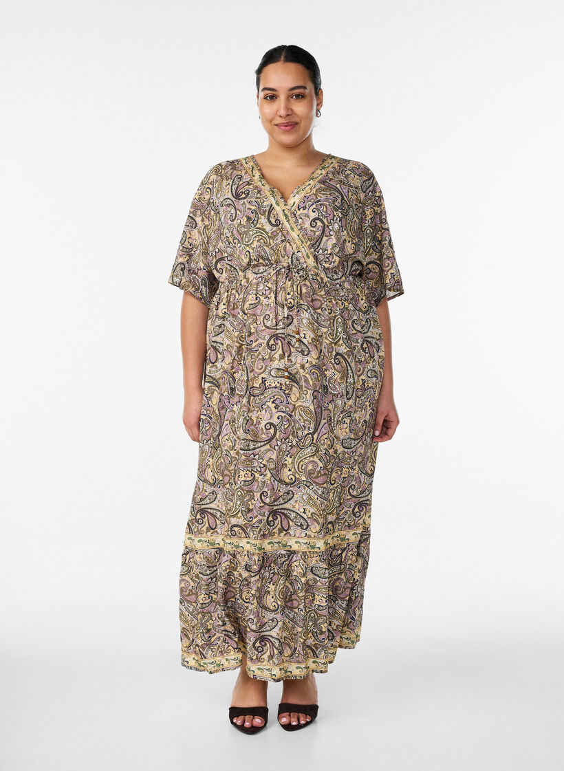 Robe longue en viscose &agrave; imprim&eacute; cachemire, Jaune, Model image number 0