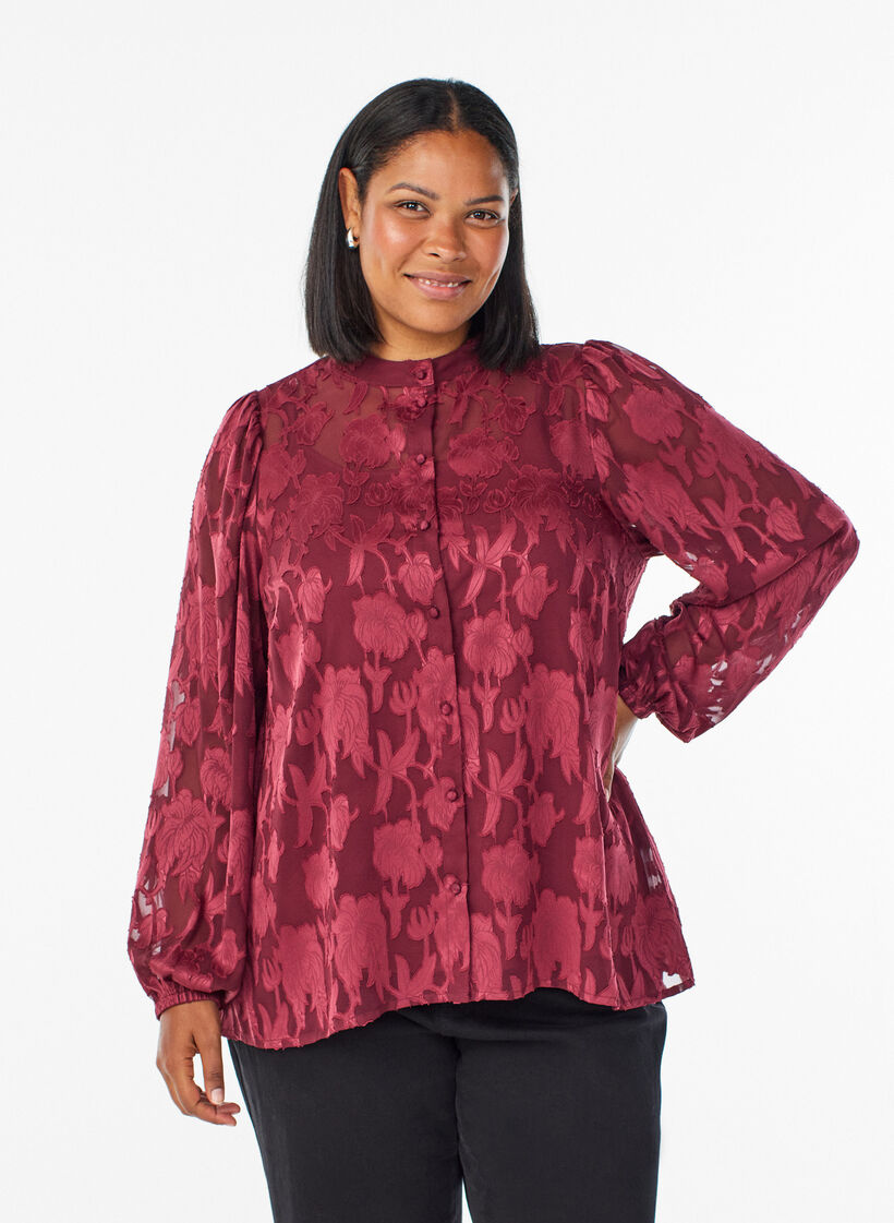Blouse avec boutons et motif fleuri, Bordeaux foncé, Model image number 0